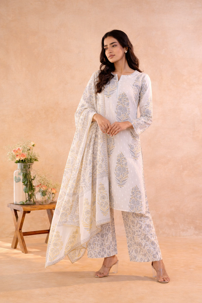 Women’s Mal Cotton Hand Block Printed Kurti Pant Set with Dupatta | Soft Breathable Ethnic Suit Set | Elegant Traditional Indian Kurta Set for Festive, Casual & Office Wear