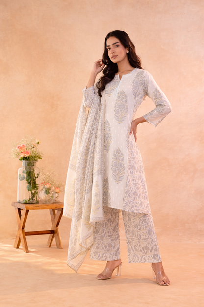 Women’s Mal Cotton Hand Block Printed Kurti Pant Set with Dupatta | Soft Breathable Ethnic Suit Set | Elegant Traditional Indian Kurta Set for Festive, Casual & Office Wear