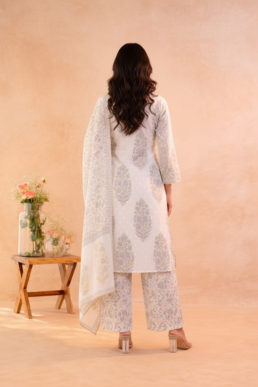 Women’s Mal Cotton Hand Block Printed Kurti Pant Set with Dupatta | Soft Breathable Ethnic Suit Set | Elegant Traditional Indian Kurta Set for Festive, Casual & Office Wear