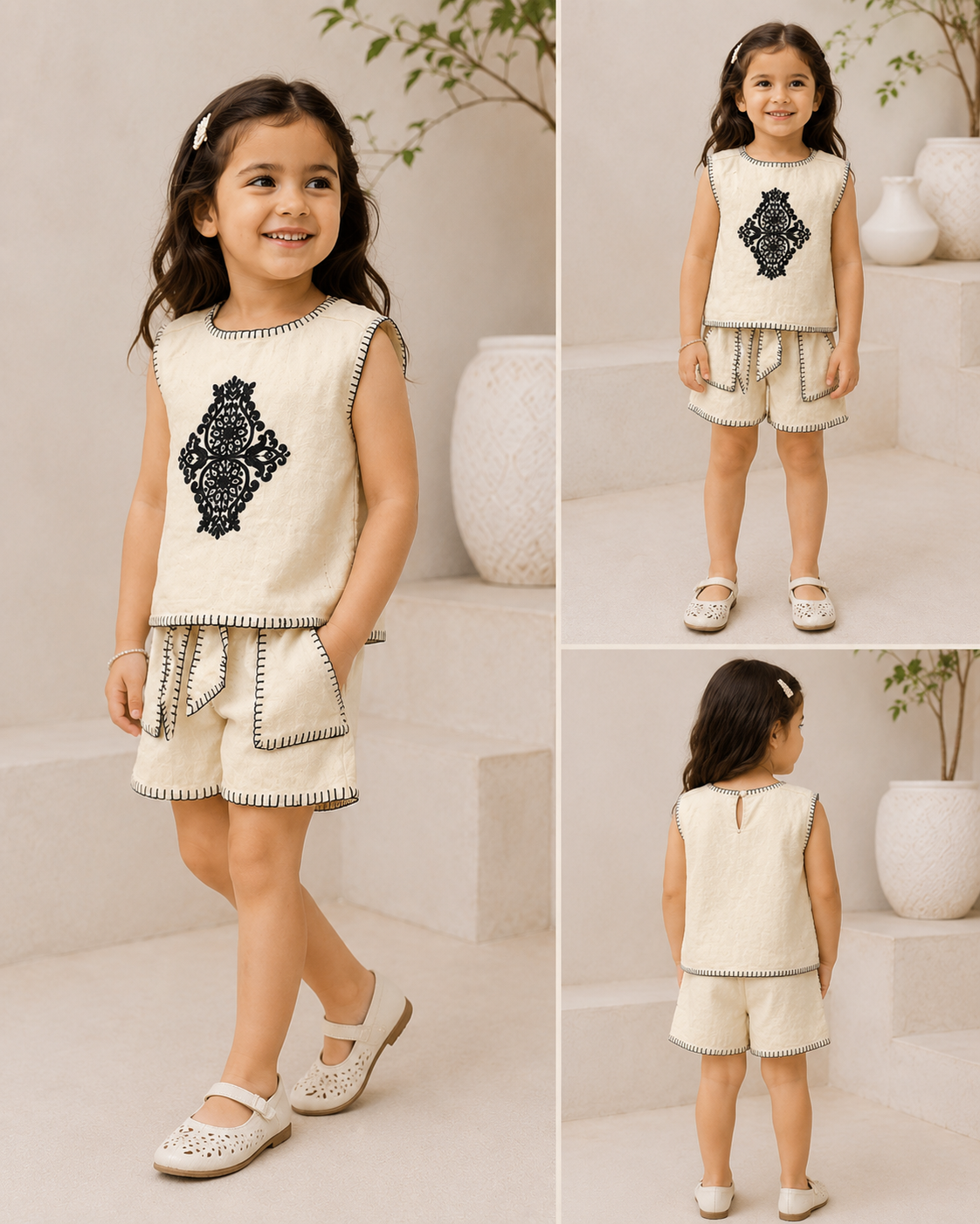 Baby Girls Cream Embroidered Baby Set | Kids Sleeveless Top & Shorts Outfit | Stylish Casual & Party Wear for Girls