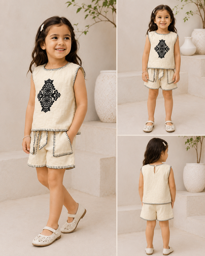 Baby Girls Cream Embroidered Baby Set | Kids Sleeveless Top & Shorts Outfit | Stylish Casual & Party Wear for Girls