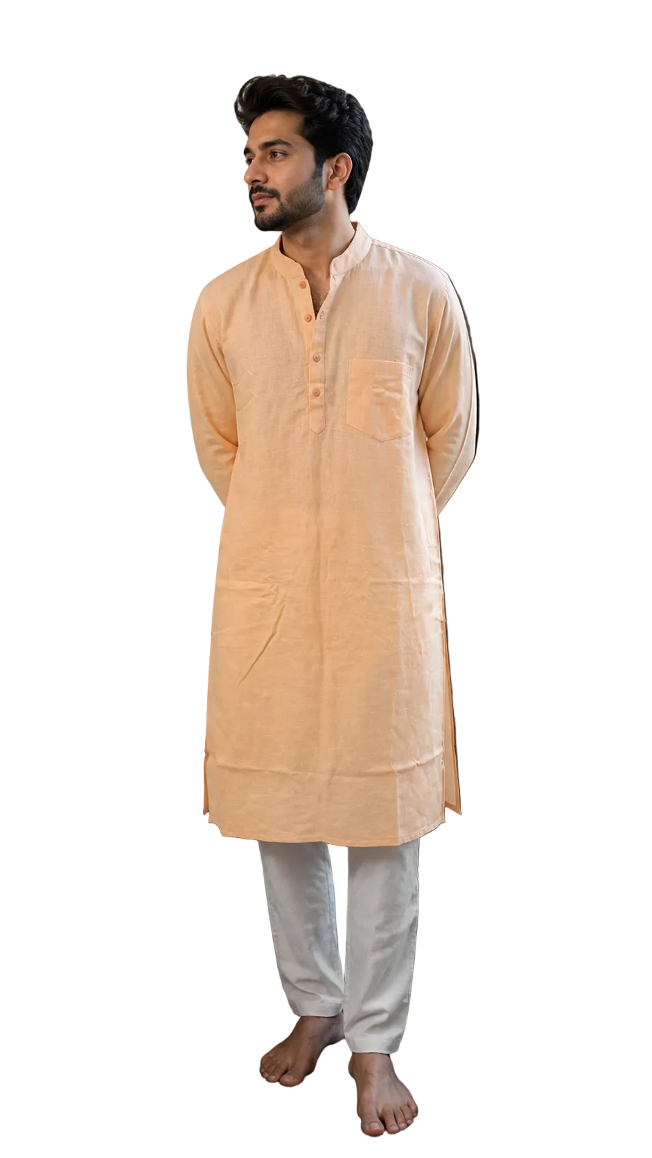 Men’s Linen Orange Kurta Solid Long Kurta Mandarin Collar Ethnic Casual Festive Wear