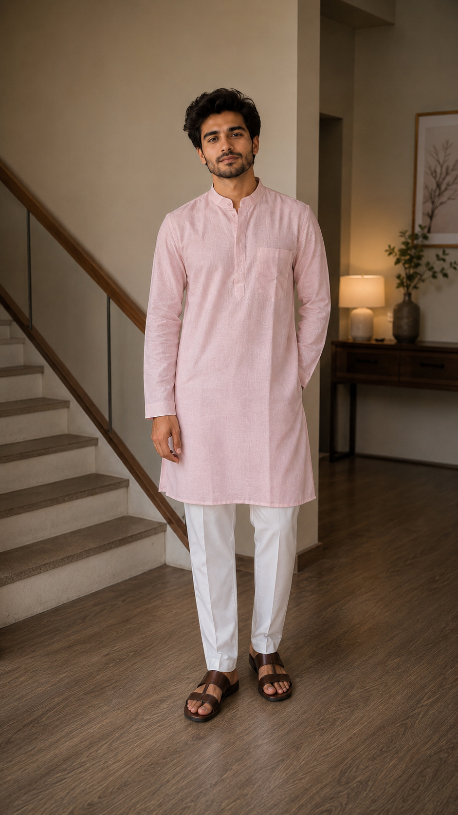 Men’s Linen Long Kurta for Men – Solid Light Pink Ethnic Kurta with Mandarin Collar & Full Sleeves
