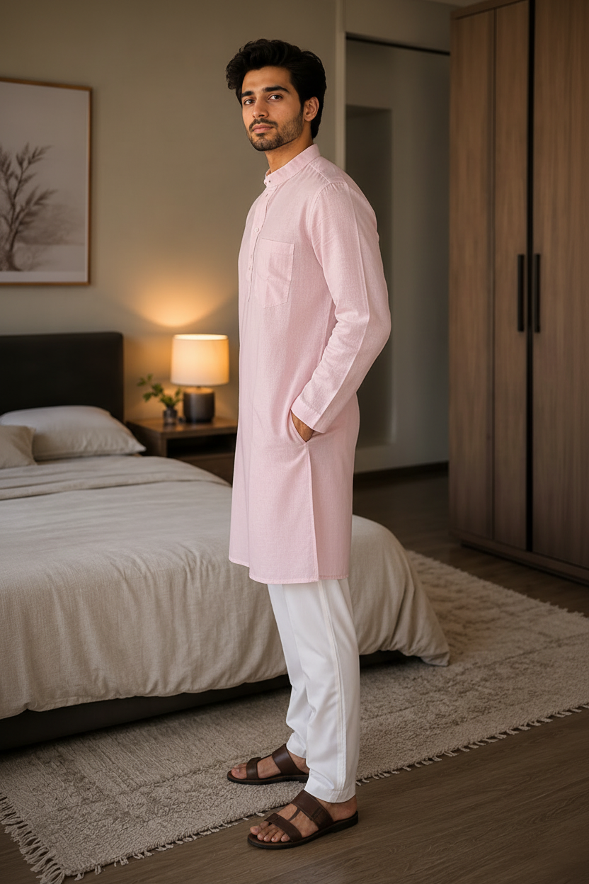Men’s Linen Long Kurta for Men – Solid Light Pink Ethnic Kurta with Mandarin Collar & Full Sleeves