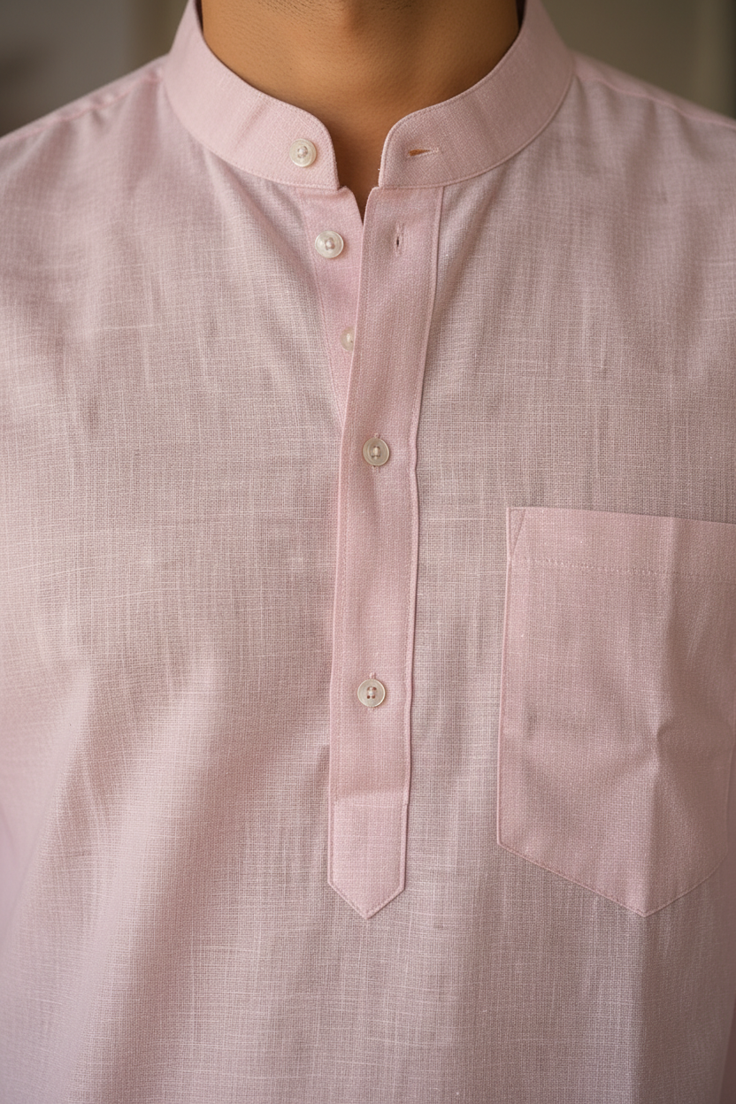 Men’s Linen Long Kurta for Men – Solid Light Pink Ethnic Kurta with Mandarin Collar & Full Sleeves