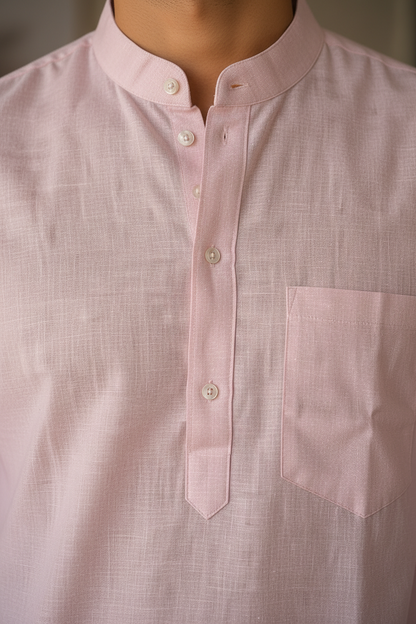 Men’s Linen Long Kurta for Men – Solid Light Pink Ethnic Kurta with Mandarin Collar & Full Sleeves