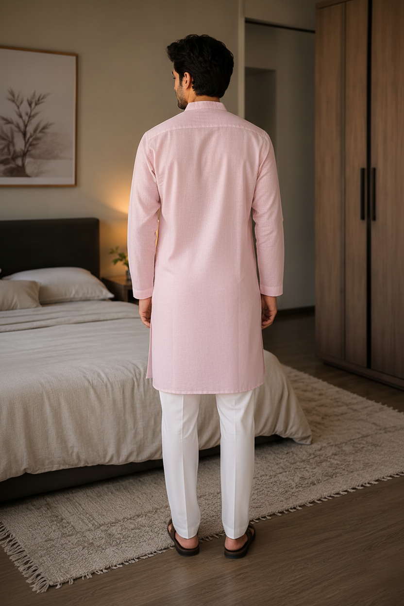 Men’s Linen Long Kurta for Men – Solid Light Pink Ethnic Kurta with Mandarin Collar & Full Sleeves