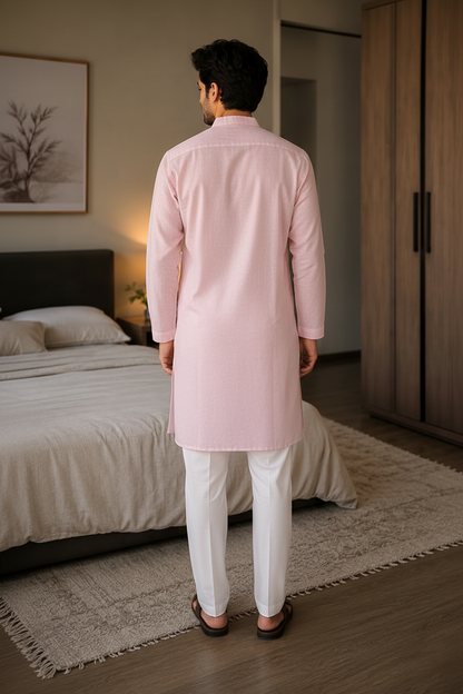Men’s Linen Long Kurta for Men – Solid Light Pink Ethnic Kurta with Mandarin Collar & Full Sleeves