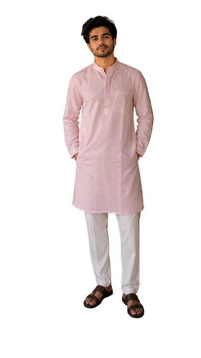 Men’s Linen Long Kurta for Men – Solid Light Pink Ethnic Kurta with Mandarin Collar & Full Sleeves
