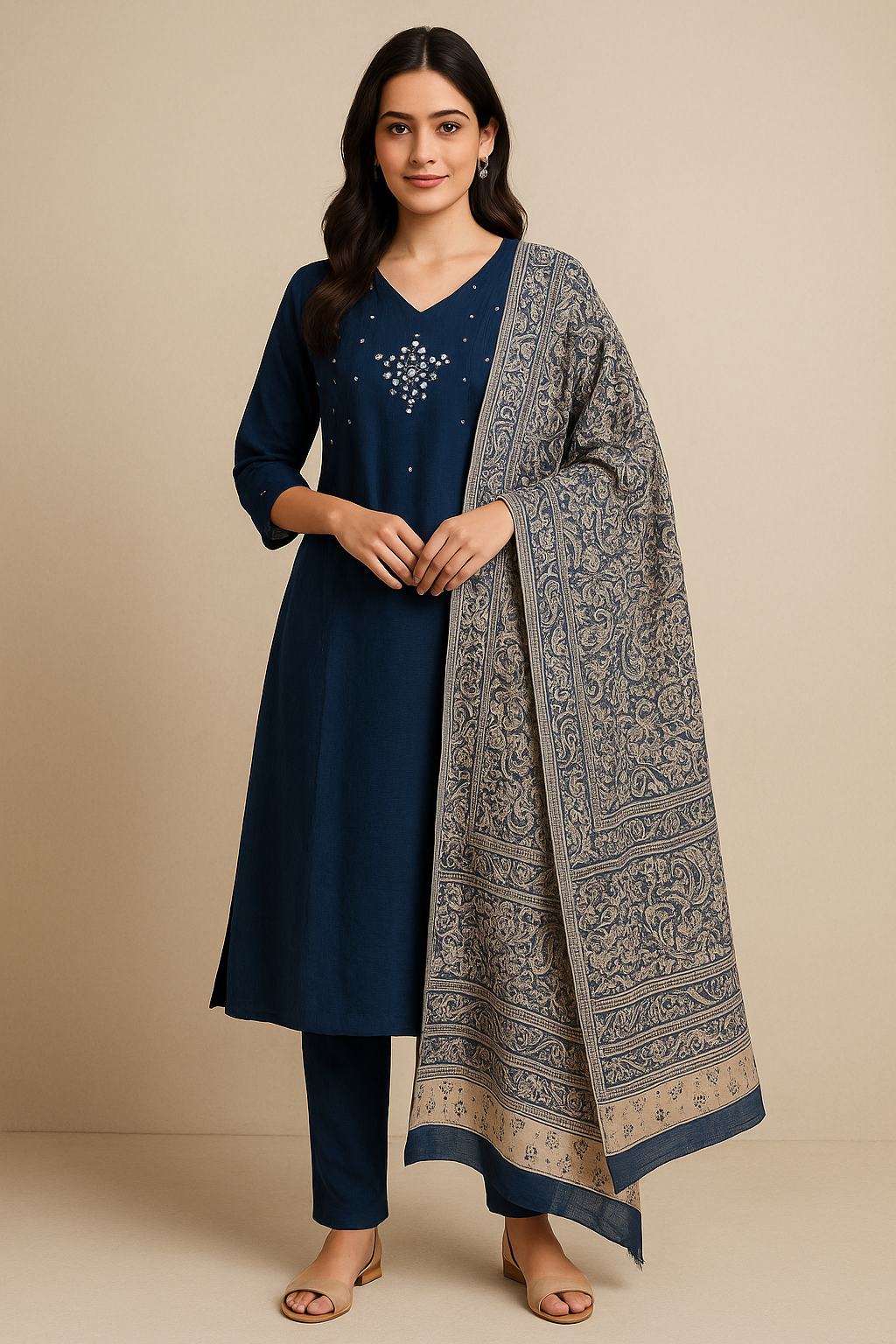 Navy Blue Khadi Cotton Embroidered Kurti Set with Printed Dupatta for Women