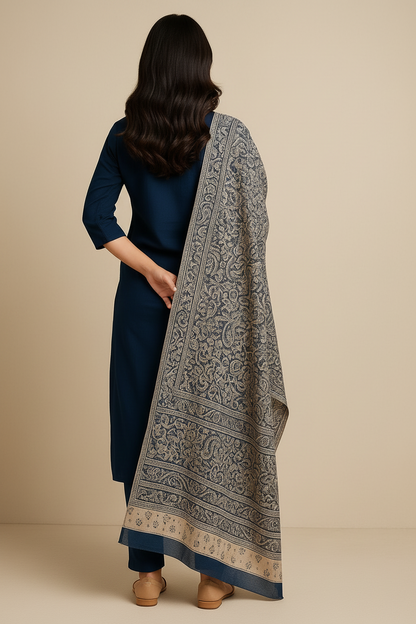 Navy Blue Khadi Cotton Embroidered Kurti Set with Printed Dupatta for Women