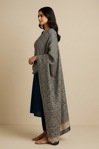 Navy Blue Khadi Cotton Embroidered Kurti Set with Printed Dupatta for Women