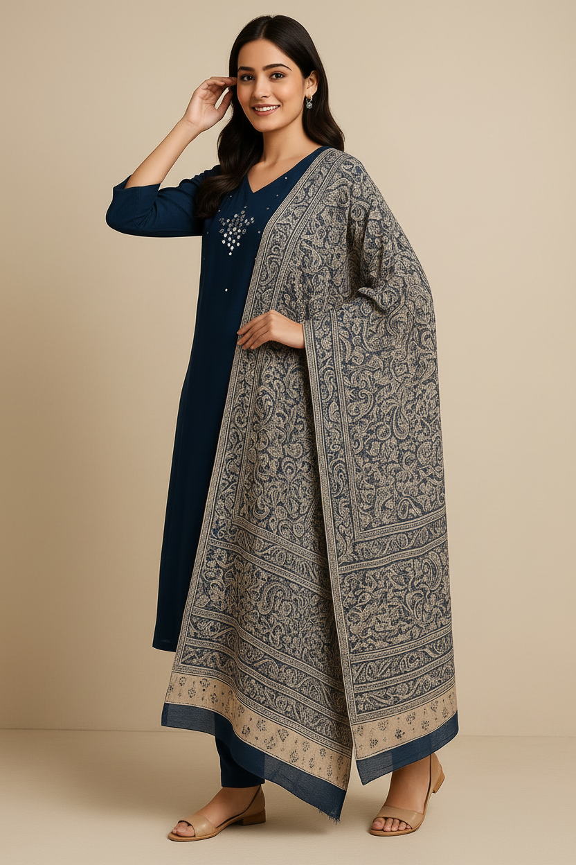 Navy Blue Khadi Cotton Embroidered Kurti Set with Printed Dupatta for Women