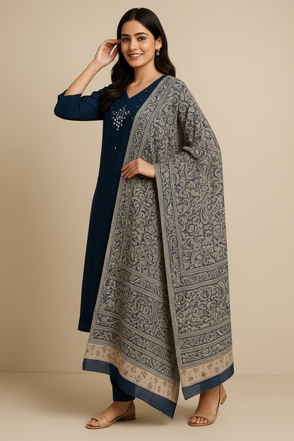 Navy Blue Khadi Cotton Embroidered Kurti Set with Printed Dupatta for Women