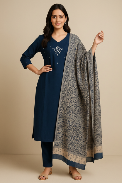 Navy Blue Khadi Cotton Embroidered Kurti Set with Printed Dupatta for Women
