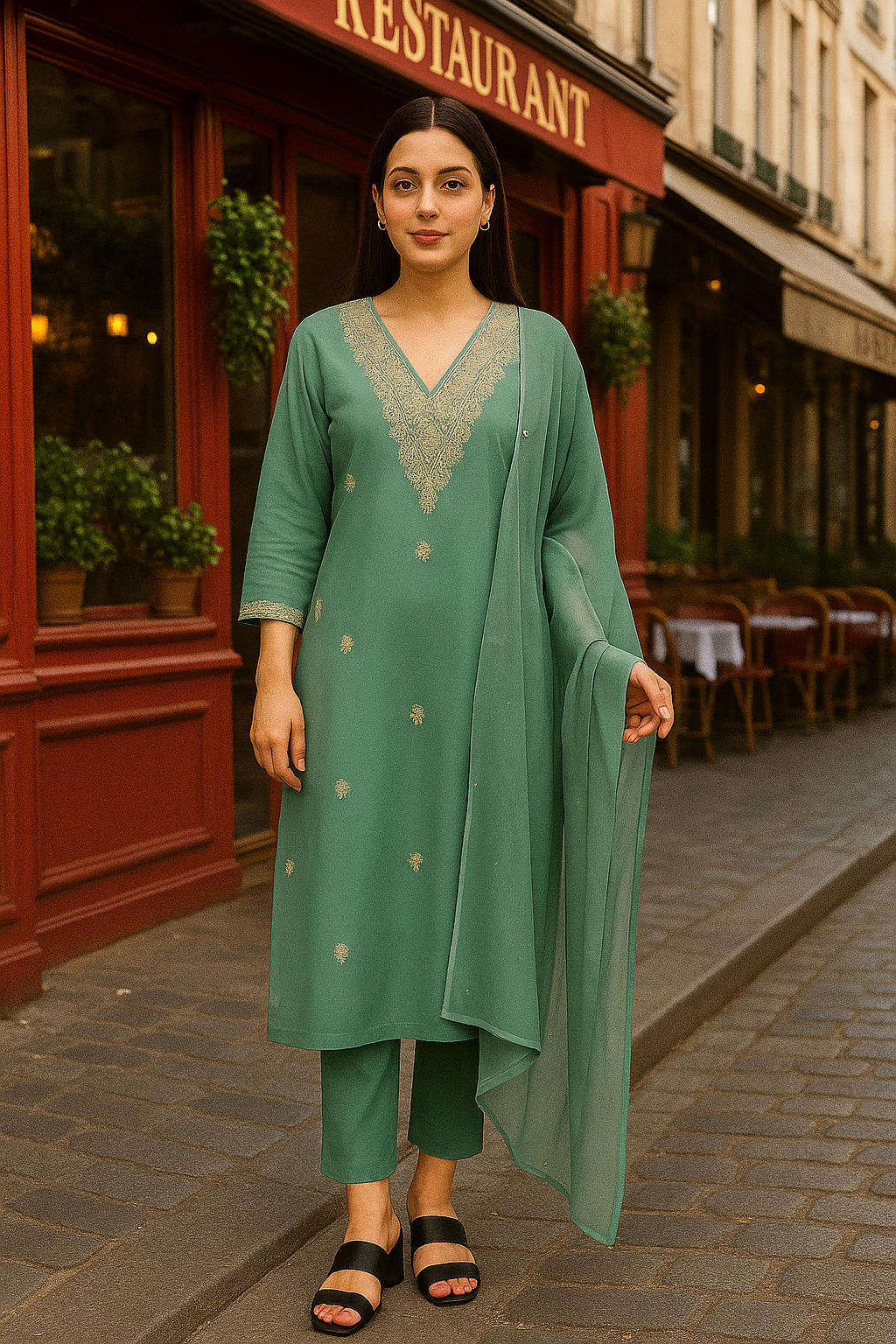 Pastel Green Maslin Embroidered Kurti Set with Dupatta – Elegant 3-Piece Ethnic Wear for Women