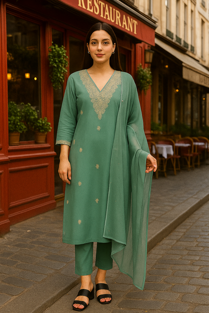 Pastel Green Maslin Embroidered Kurti Set with Dupatta – Elegant 3-Piece Ethnic Wear for Women