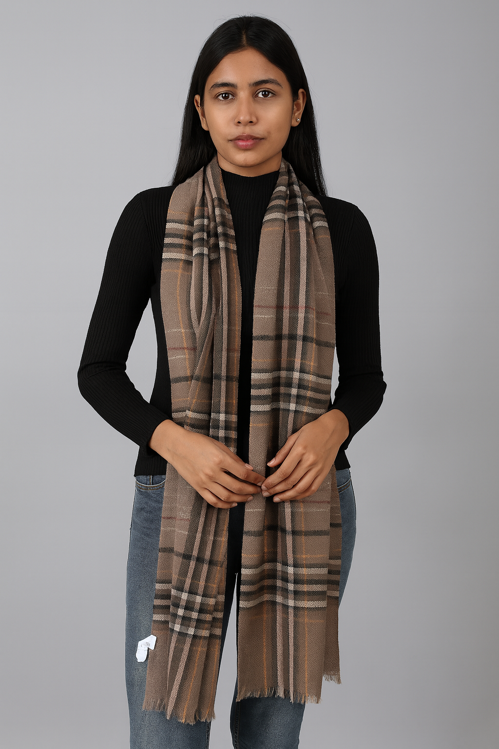 Classic Beige Woollen Check Stole for Women & Men | Soft Winter Wrap by Natural Fab