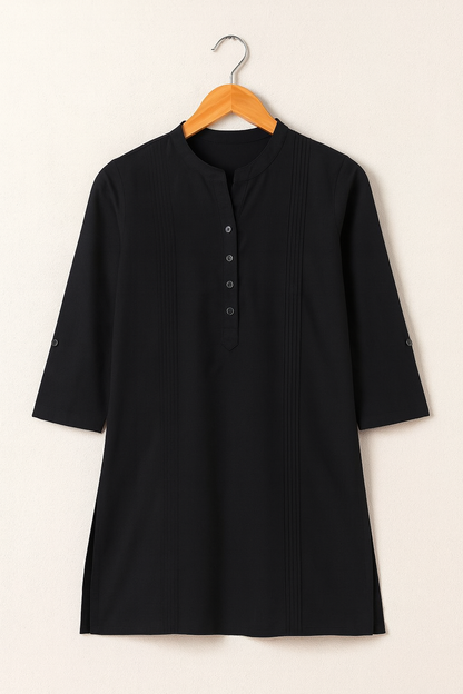 Women’s Black Cotton Short Kurti with Mandarin Collar & 3/4 Sleeves – Elegant Everyday Wear