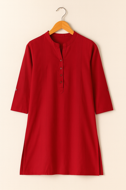 Women’s Red Cotton Short Kurti with Mandarin Collar & 3/4 Sleeves – Elegant Daily Wear