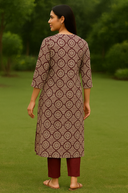 Maroon & Beige Printed Cotton Kurti for Everyday Wear – Natural Fab