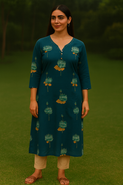 Teal Blue Cotton Kurti with Lotus Print for Everyday Wear – Natural Fab