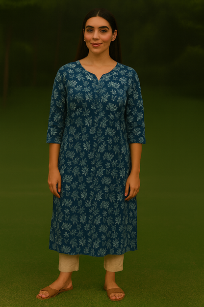 Elegant Blue Cotton Printed Kurti for Women | Comfortable Everyday Wear
