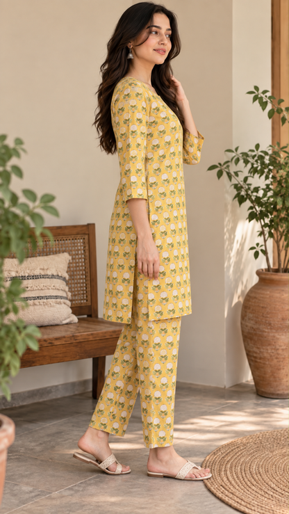 Natural Fab Women’s Mustard Yellow Hand Block Printed Cotton Knee-Length Kurta Pant Set
