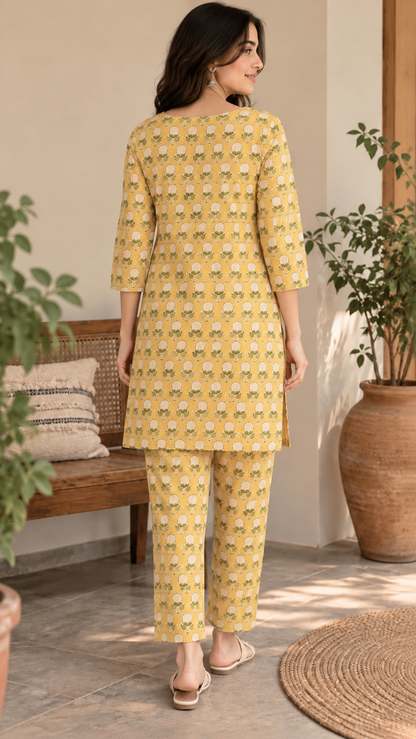 Natural Fab Women’s Mustard Yellow Hand Block Printed Cotton Knee-Length Kurta Pant Set