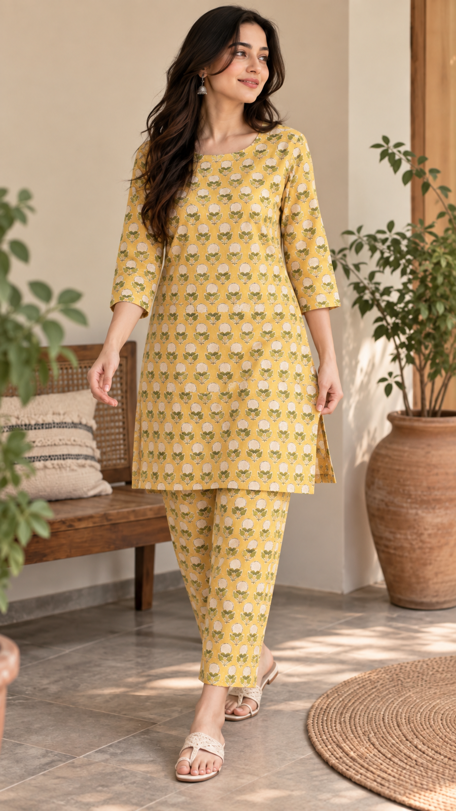 Natural Fab Women’s Mustard Yellow Hand Block Printed Cotton Knee-Length Kurta Pant Set
