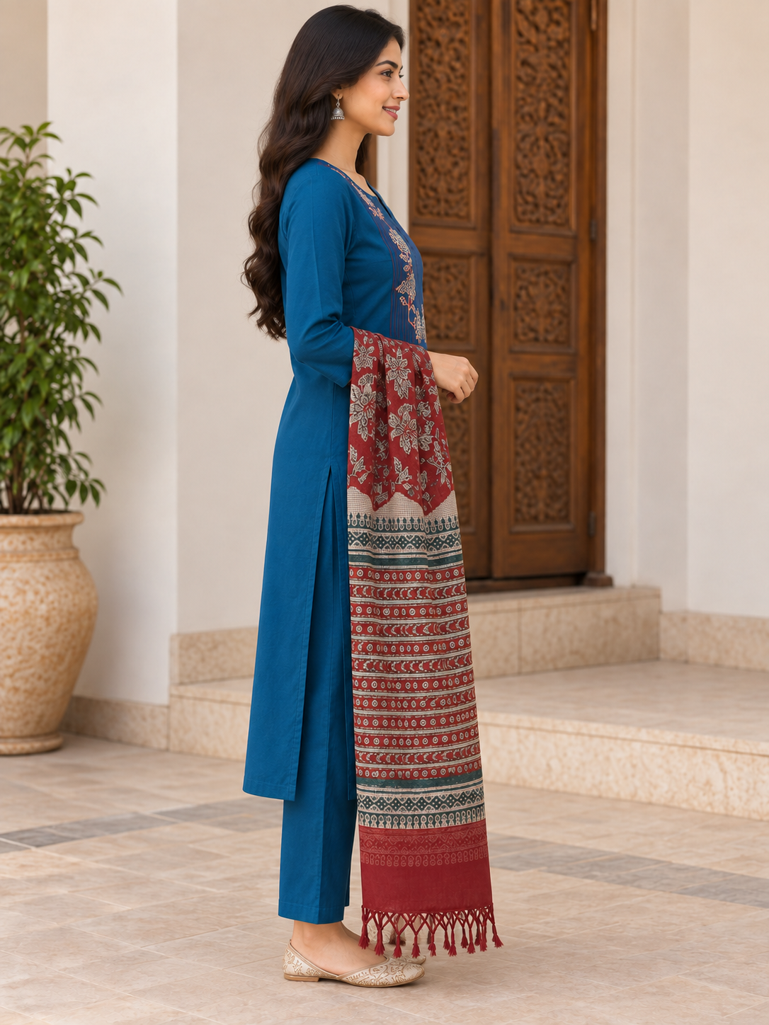 Natural Fab Women’s Teal Blue Cotton Kurta Pant Set with Printed Kota Doria Dupatta