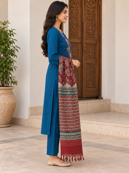 Natural Fab Women’s Teal Blue Cotton Kurta Pant Set with Printed Kota Doria Dupatta