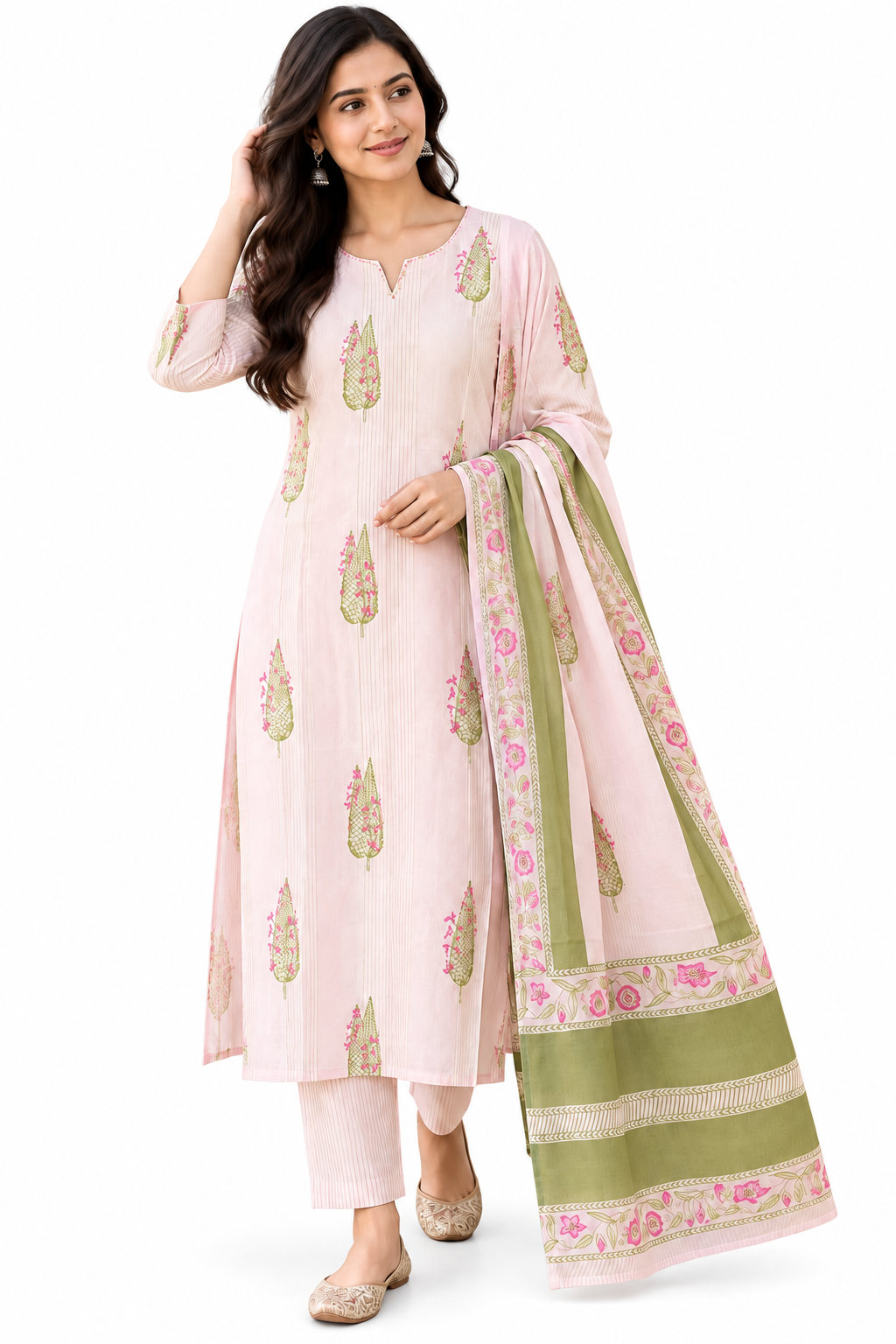 Natural Fab Women’s Blush Pink Printed Kurta Pant & Dupatta Set | 3-Piece Ethnic Suit Set
