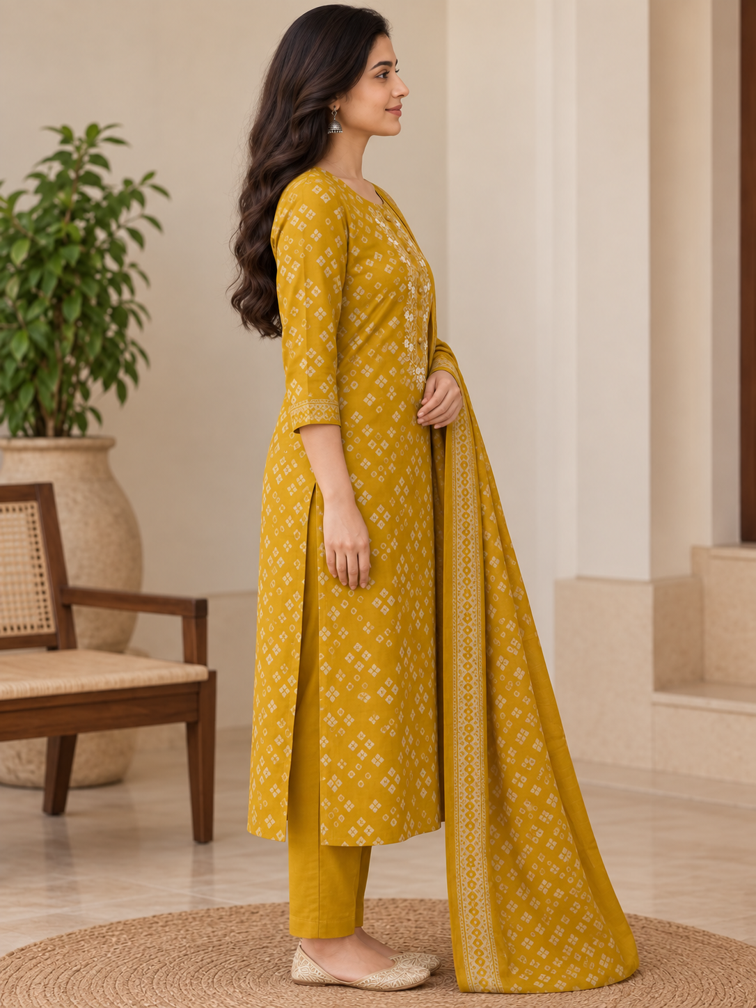 Natural Fab Women’s Mustard Yellow Maslin Printed Kurta Pant & Dupatta Set | 3-Piece Ethnic Suit