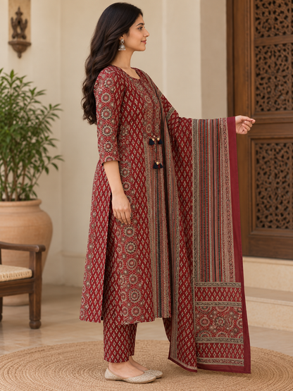 Natural Fab Women’s Maroon Printed Kurta Pant & Dupatta Set | 3-Piece Ethnic Suit