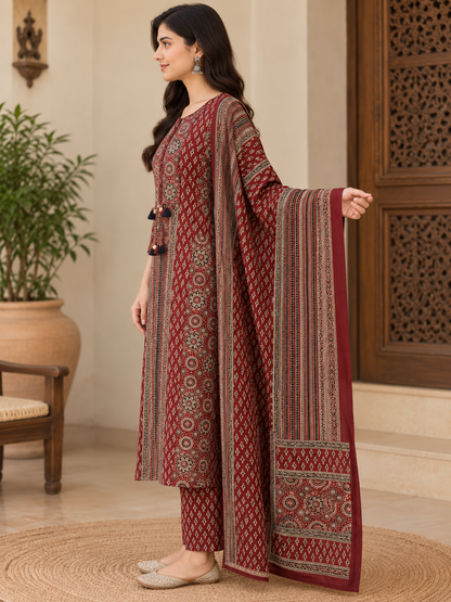 Natural Fab Women’s Maroon Printed Kurta Pant & Dupatta Set | 3-Piece Ethnic Suit