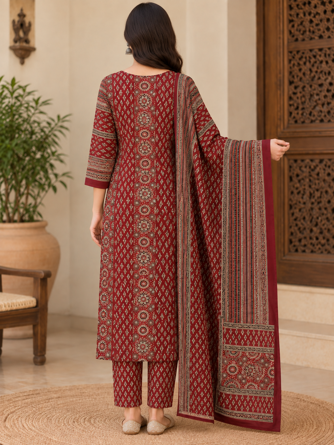 Natural Fab Women’s Maroon Printed Kurta Pant & Dupatta Set | 3-Piece Ethnic Suit
