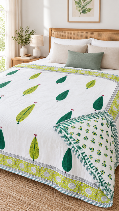 Natural Fab Cotton Double Bed Dohar with Green Leaf Print and Decorative Border, Lightweight Bedding, 90 × 108 Inches