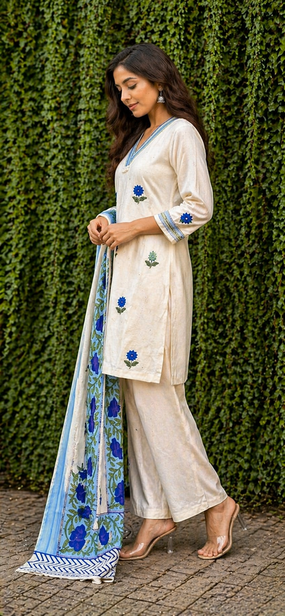 Women Cotton Kurti Set with Dupatta | Cream Blue Floral Print 3/4 Sleeve Ethnic Wear