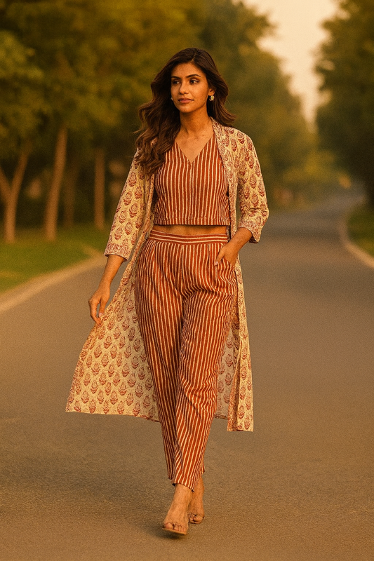 Rust Striped Co-Ord Set with Floral Print Shrug