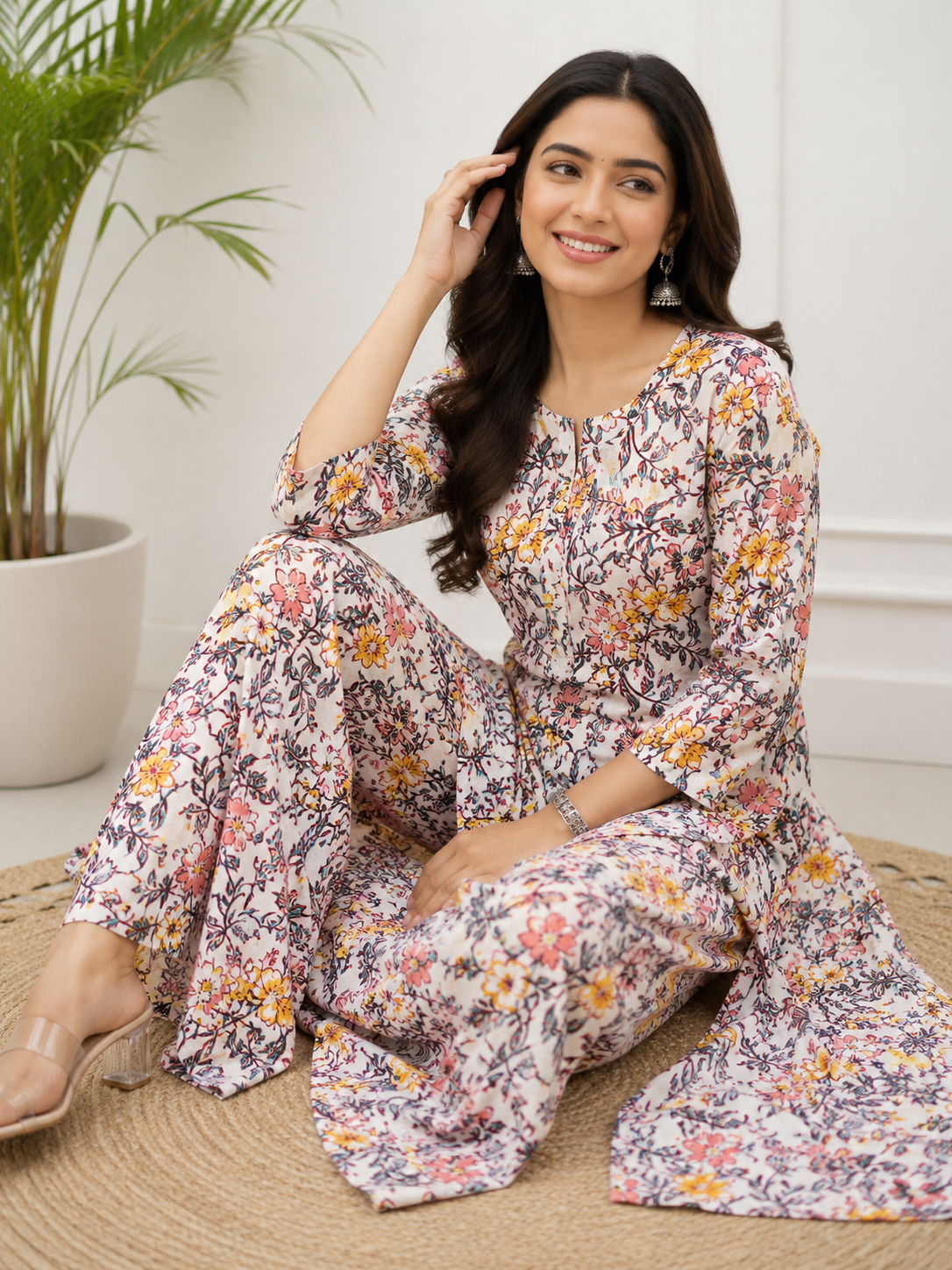 Natural Fab Gulbhar Women’s Sanganeri Hand Block Printed Kurti & Palazzo Set – White Floral 2-Piece Ethnic Set