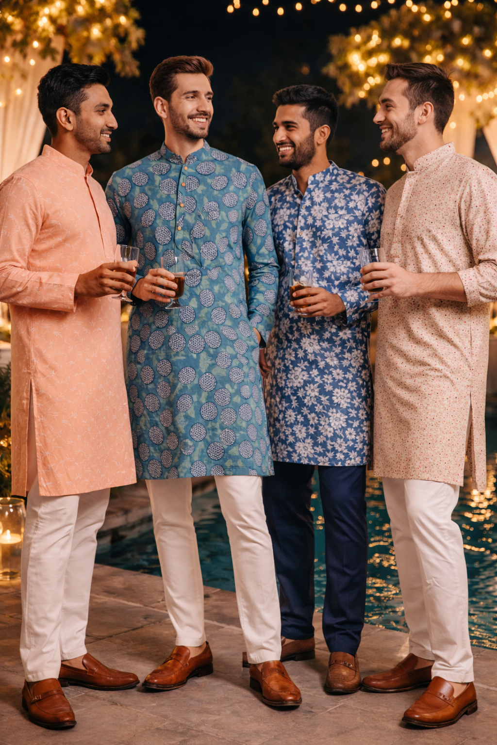 Teal Blue Hand Block Printed Cotton Men’s Knee Length Kurta | Traditional Ethnic Wear by Natural Fab