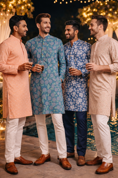 Teal Blue Hand Block Printed Cotton Men’s Knee Length Kurta | Traditional Ethnic Wear by Natural Fab