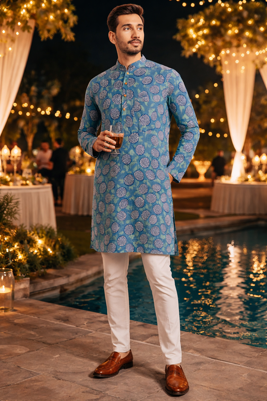 Teal Blue Hand Block Printed Cotton Men’s Knee Length Kurta | Traditional Ethnic Wear by Natural Fab