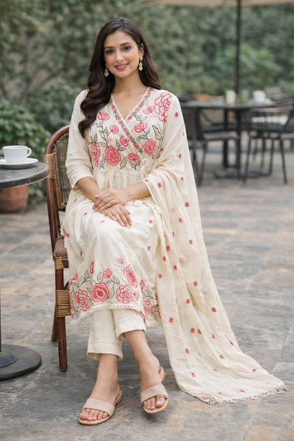 Floral Embroidered Cotton Kurti Set for Women with Dupatta – Cream Ethnic Kurta Pant Set | Natural Fab
