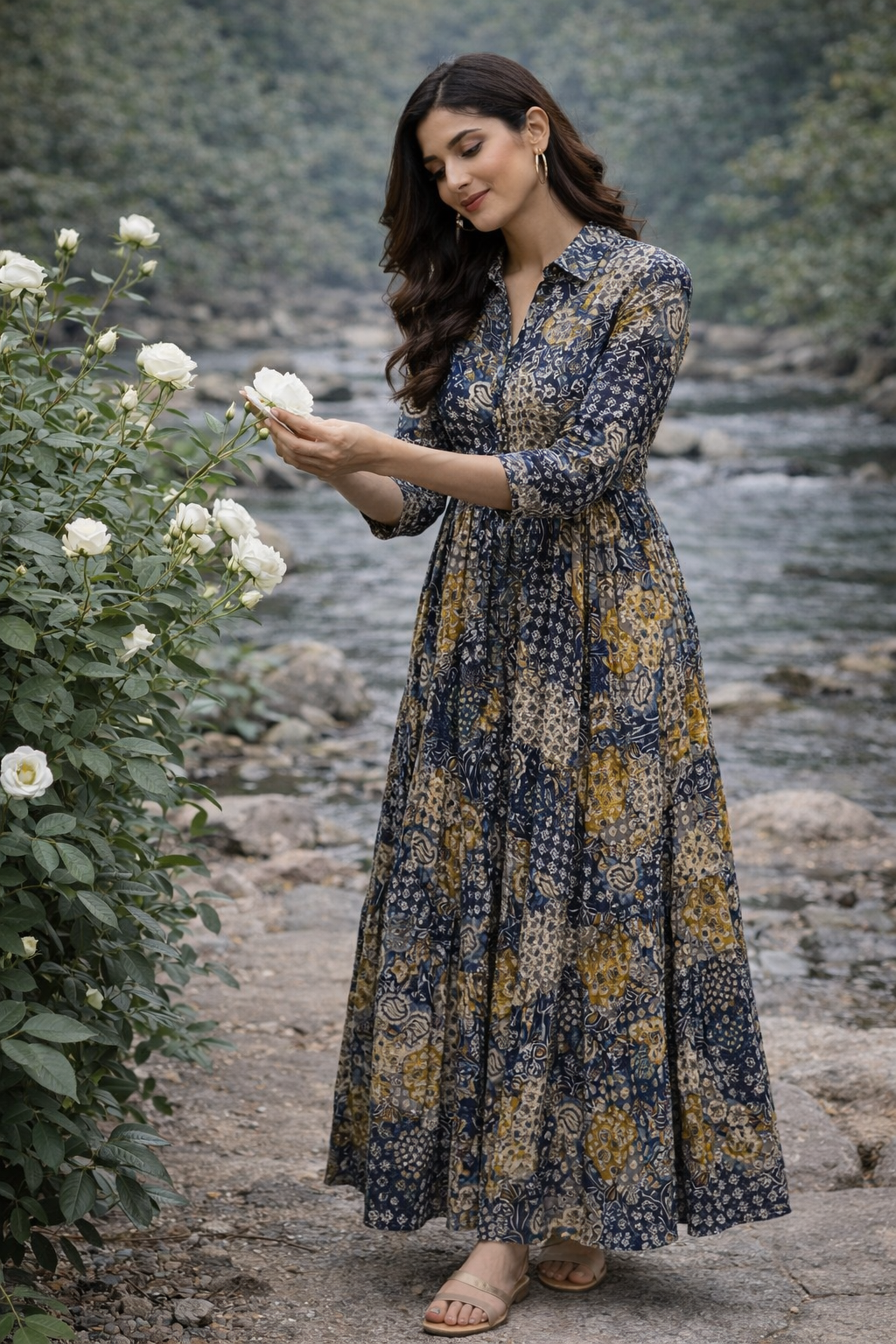 Women’s Blue Printed Cotton Long Dress – Elegant Ethnic Maxi Dress | Natural Fab