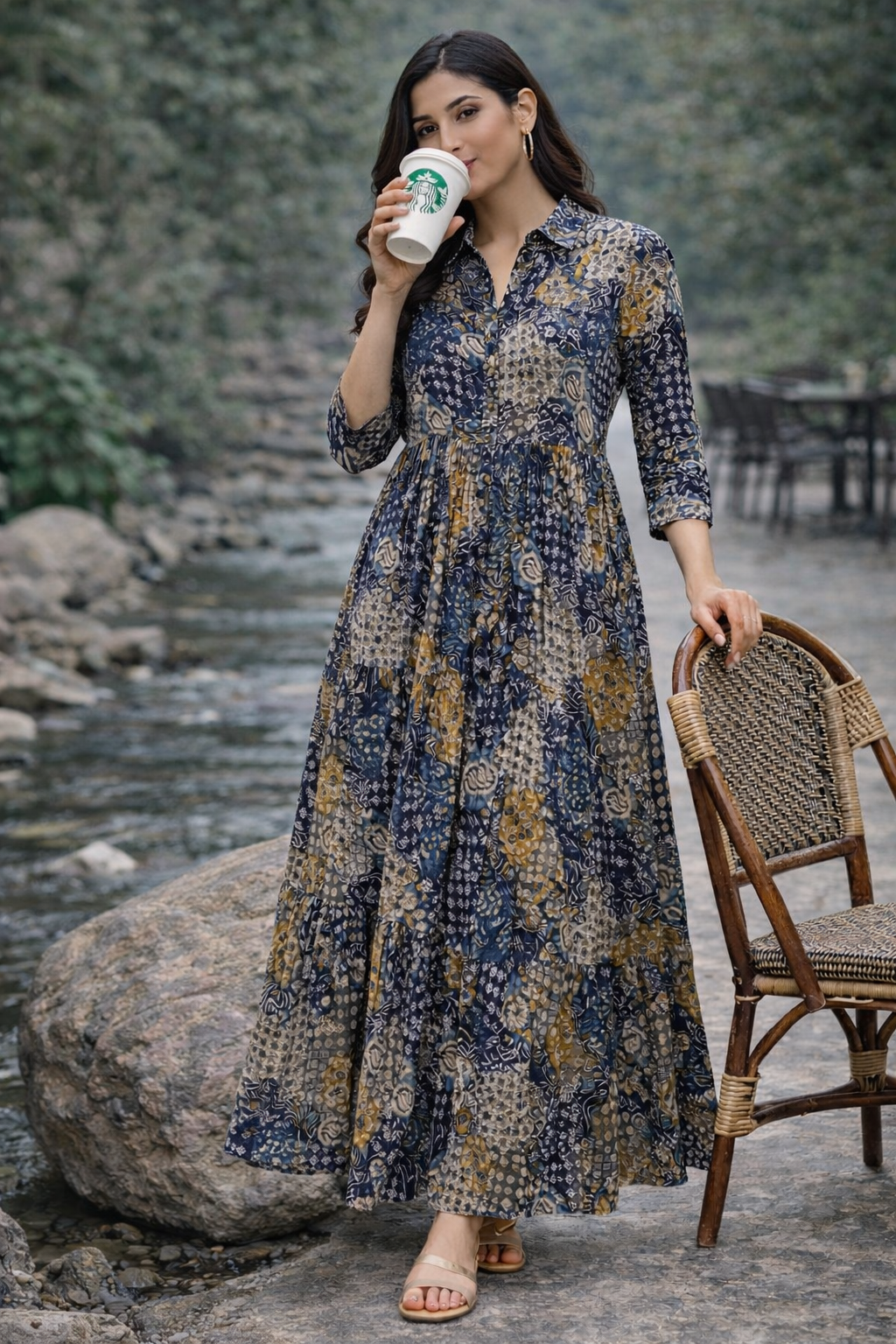 Women’s Blue Printed Cotton Long Dress – Elegant Ethnic Maxi Dress | Natural Fab