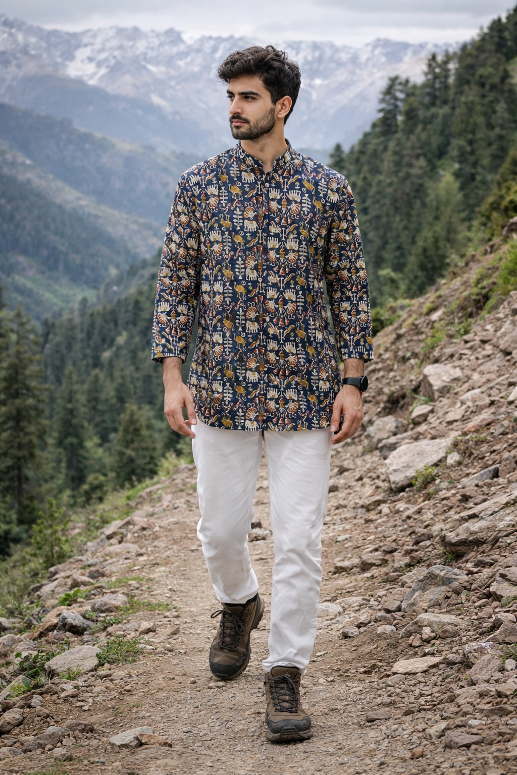 Men’s Navy Blue Printed Cotton Kurta – Premium Ethnic Wear
