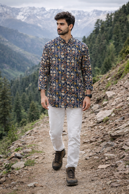 Men’s Navy Blue Printed Cotton Kurta – Premium Ethnic Wear