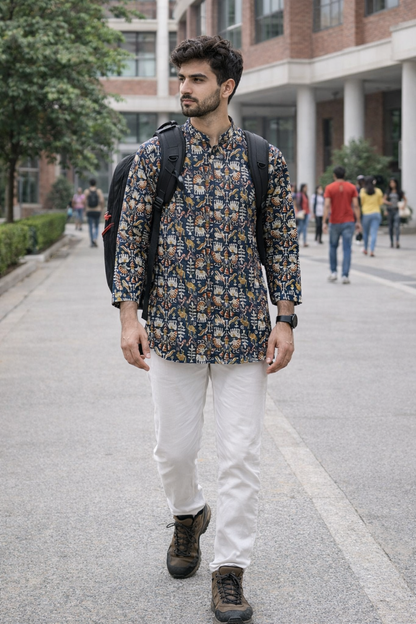 Men’s Navy Blue Printed Cotton Kurta – Premium Ethnic Wear